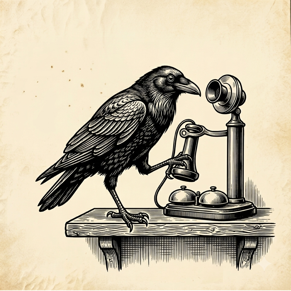 Raven answering a vintage telephone