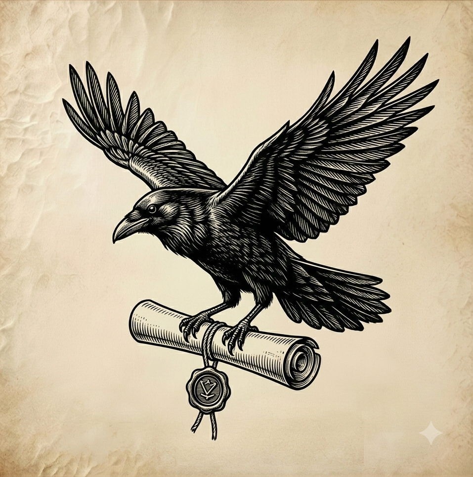 Raven in flight carrying a sealed scroll