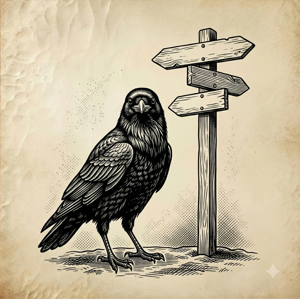 Raven beside a directional signpost
